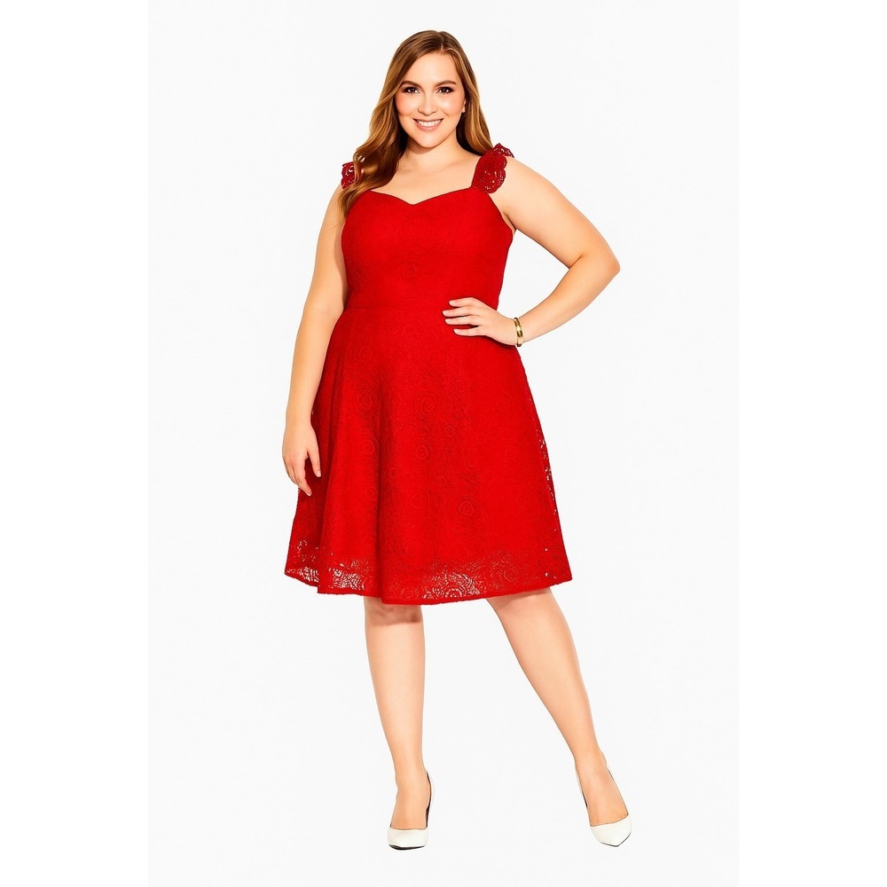 City Chic Dainty Lace Dress Lipstick Red Size 18 Fit & Flare Sleeveless Plus